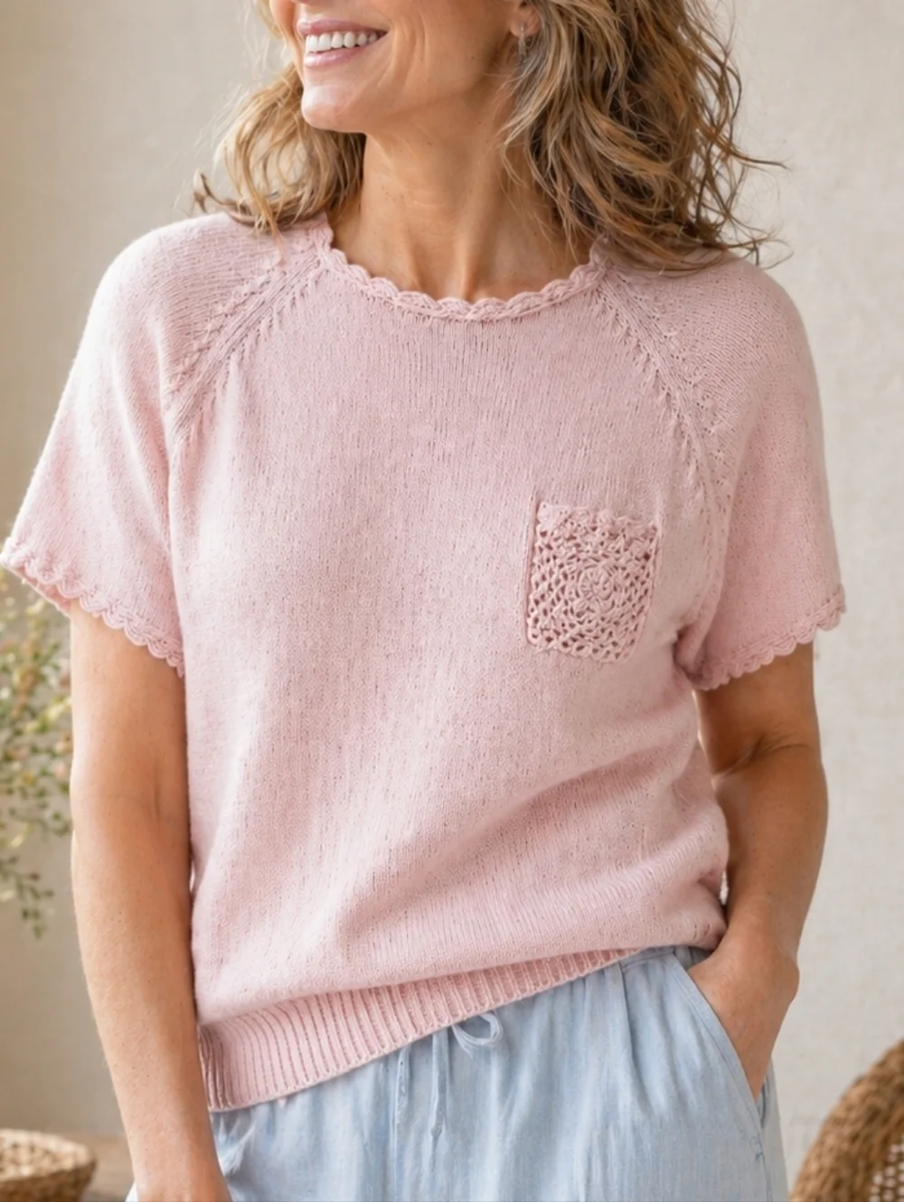 Vintage Pink Crochet Pocket Short Sleeve Sweater‎ Barbiecore